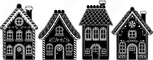 Four decorative gingerbread houses in a row silhouette
