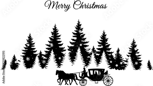 Festive merry christmas silhouette design featuring evergreen trees and a horse drawn carriage illustration
