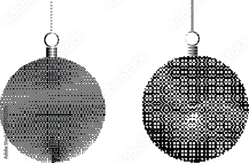 Christmas tree baubles dither pixel textured for greeting cards, posters. Vector illustration.