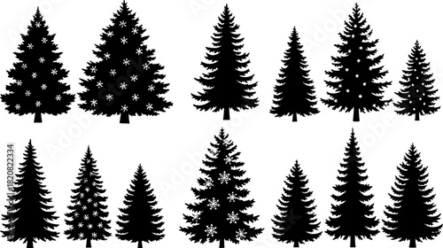 A festive set of winter forest trees, including pine and fir silhouettes, for your Christmas and holiday nature illustrations
