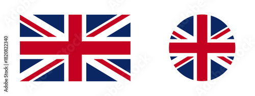 Vector set of the United Kingdom flag (Union Jack) in rectangular and circular icon styles. Clean, high-quality design perfect for apps, websites, education, presentations, and international projects.