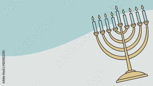 A stylized Hanukkah menorah with all nine candles lit (including the central shamash), shown against a soft blue-to-white gradient background, creating a calm, festive atmosphere.