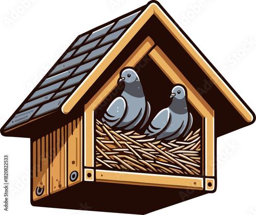 Cartoon Pigeon Nest House Vector with Two Birds, Flat Wooden Birdhouse with Straw and Grey Pigeons