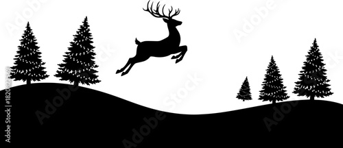 Silhouette of deer family with trees in a forest on a white background
