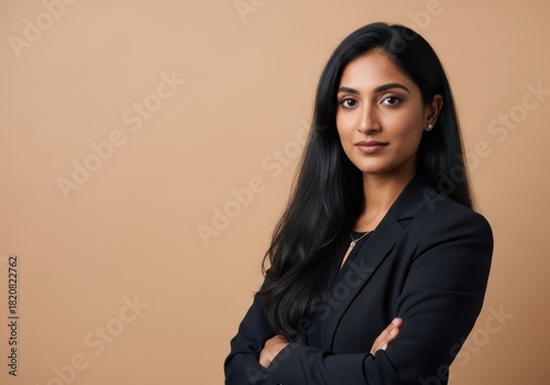 Professional indian woman in a dark blazer with arms crossed confidently