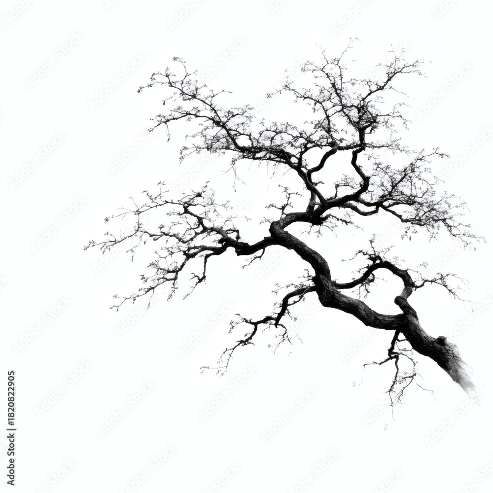Fototapeta premium A stark tree silhouette against a bright white background showcasing intricate branches and minimalist design