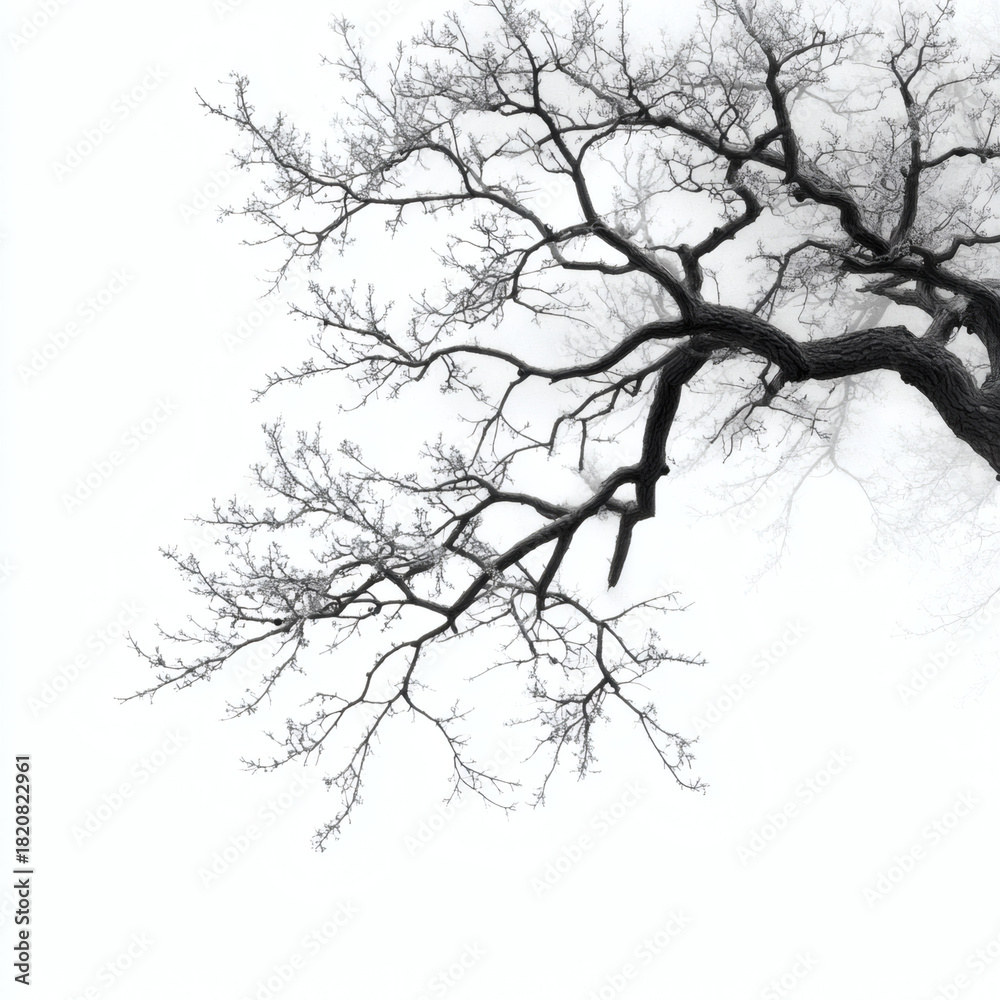Fototapeta premium A stark tree branch silhouette against a bright white background creating a minimalist composition art