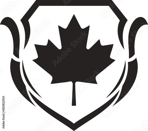 Dark canadian maple leaf emblem with shield and laurel wreaths
