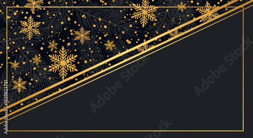 Luxury Christmas background with golden snowflakes on black. Elegant holiday banner, invitation, or card template with c