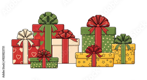 Christmas gifts illustration, holiday present box collection with red and green bows. Hand-drawn cartoon vector set isol