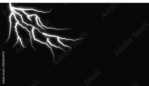 Dramatic lightning bolt strike isolated on black background for overlay effects