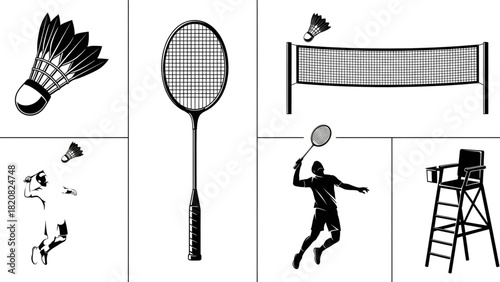 Badminton Elements Shuttlecock, Racket, Net, Player, and Referee Chair