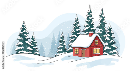 Winter Scene Cozy Red Cabin in Snowy Forest, Christmas Illustration