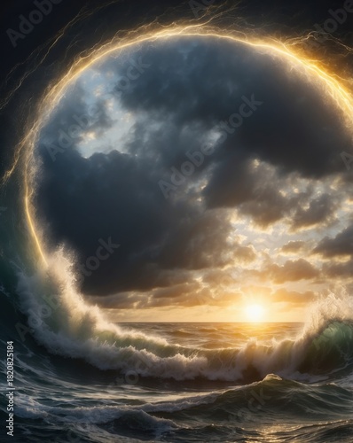 sunset over the ocean, Dramatic ocean scene with turbulent waves crashing under a dynamic sky. A large glowing ring encircles the sun