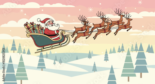 Santa Claus in Sleigh with Reindeer Flying Over Winter Landscape