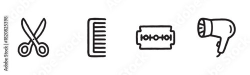 A set of linear icons for summer vacation and sports, featuring a surfboard, volleyball, sunglasses, a reusable water bottle, and a rolled towel in a simple graphic illustration