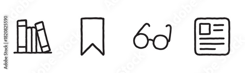 Set of sketchy travel and tourism symbols featuring a globe, landmark tower, location map, camera, and flag, illustrated with a hand-drawn ink line art technique