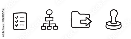 A minimalist set of black outline icons depicting a public park scene with a bench, tree, street lamp, flower, and a dog, presented in a simple, clean line art style