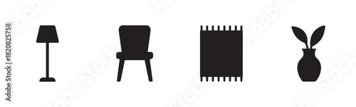 A set of black coffee icons including a manual grinder, cezve, coffee bean, spoon, and cup, presented in a minimalist graphic style for beverage and cafe concepts