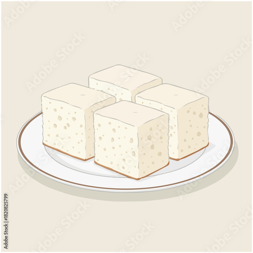 White Sugar Sponge Cake (白糖糕)
A simple flat vector drawing of translucent steamed white sugar cake slices on a plate. 
