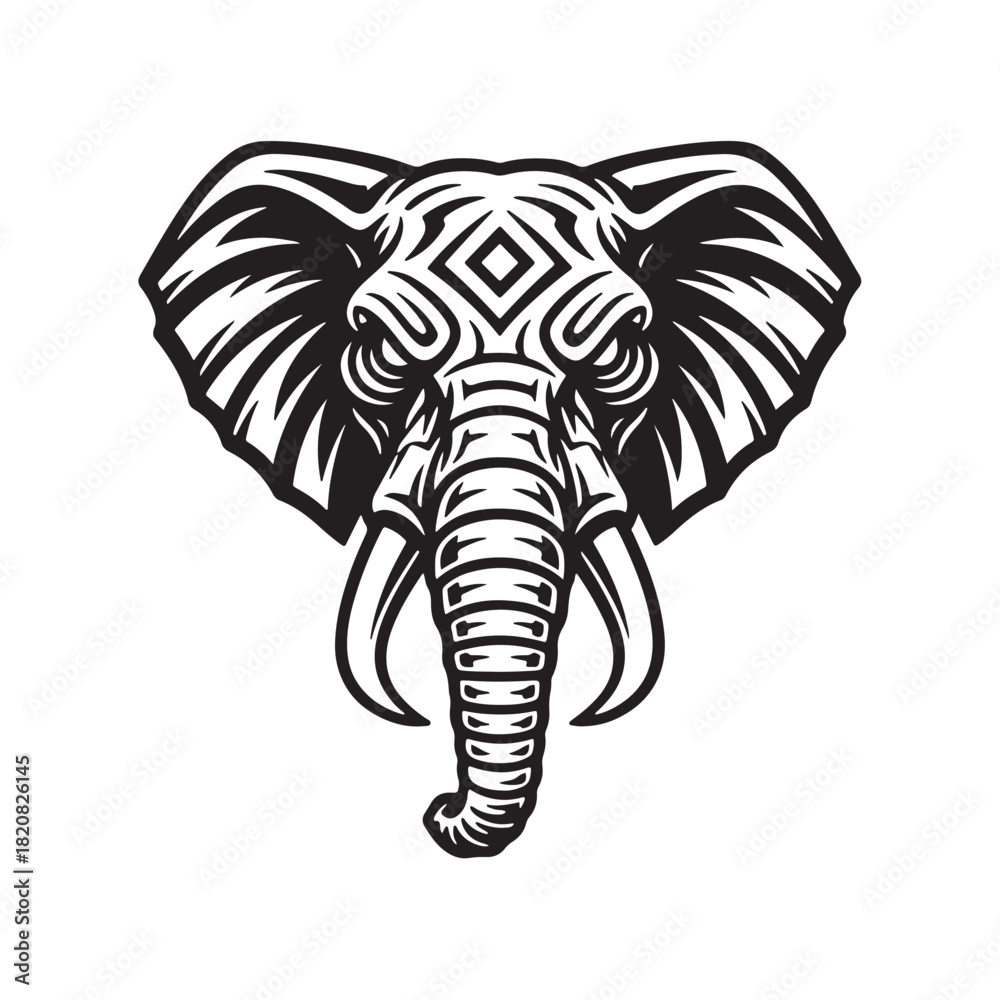 Obraz premium Majestic elephant head with tribal patterns evokes strength, wisdom, and African heritage perfect for logos, branding, and cultural designs that stand out boldly