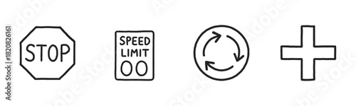 A charming set of blue, hand-drawn illustrations depicting traditional Asian tea ceremony elements, including a teapot, cup, bowl, fan, flower, and mat