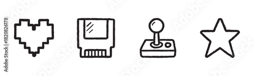 Set of various professional hairstyling equipment icons, featuring scissors, comb, hairdryer, towel, and spray bottle with a rough, textured linocut effect