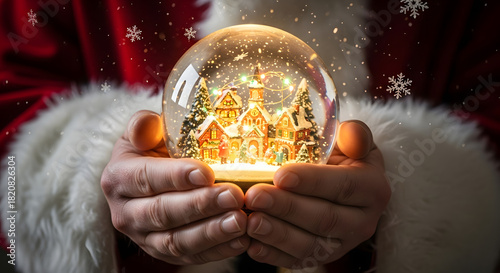 Santa's Gentle Hands Holding a Festive Snow Globe Filled with a Charming Winter Village
