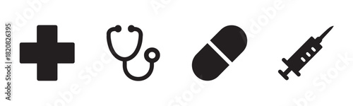 A collection of black photography equipment icons in a minimalist graphic style, featuring a tripod, telephoto lens, camera with flash, memory card, and a backpack