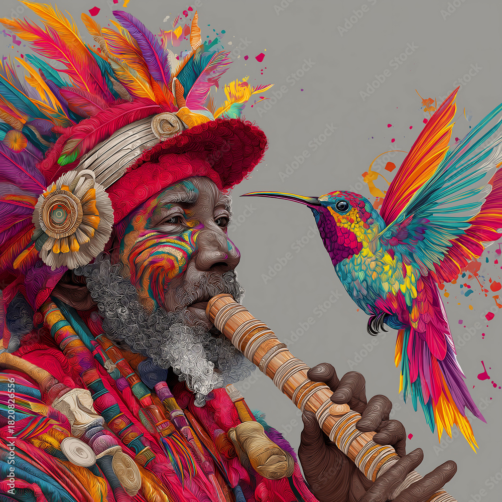 Fototapeta premium Vibrant Andean festival with indigenous musician in red and rainbow tones playing a siku and holding a ceremonial drum, adorned with festive paint, feathers, and ancestral ornaments, beside a radiant
