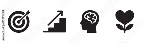 Set of three black and green icons for business and economy, depicting urban development, a financial growth chart, and a team of workers with a performance dashboard