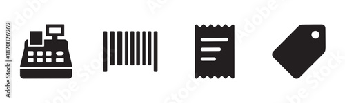 A minimalist black icon set representing rock music and audio equipment, featuring an electric guitar, drumsticks, a vintage microphone, a musical note, and a sound speaker