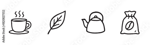 A collection of fast food icons including a hamburger, french fries, soda, pizza slice, and hot dog, presented in a minimalist black and white line art style