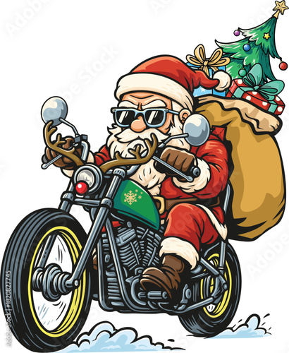 Bikers Santa Claus, A vibrant cartoon-style illustration featuring a cool and modern Santa Claus riding a big motorcycle on Christmas