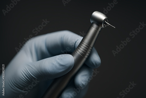 A macro shot of a gloved hand holding a sleek dental handpiece, its metallic body reflecting soft light. The image highlights precision, professional handling