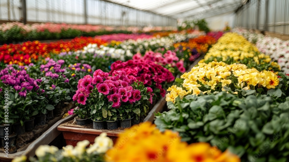 Fototapeta premium A wide shot of a greenhouse filled with colorful flowers, arranged in neat rows and ready for market