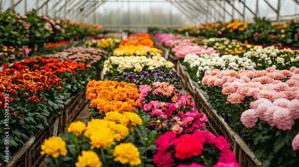 Fototapeta premium A wide shot of a greenhouse filled with colorful flowers, arranged in neat rows and ready for market