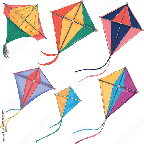 Five colorful diamond shaped kites with streamers and tails on white background flying outdoor