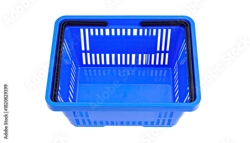 Overhead shot of an empty bright blue shopping basket with black handle grips