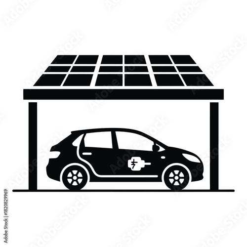 Electric Car Charging, Sustainable Transportation with Solar Panel Garage, Renewable Energy Vehicle Icon