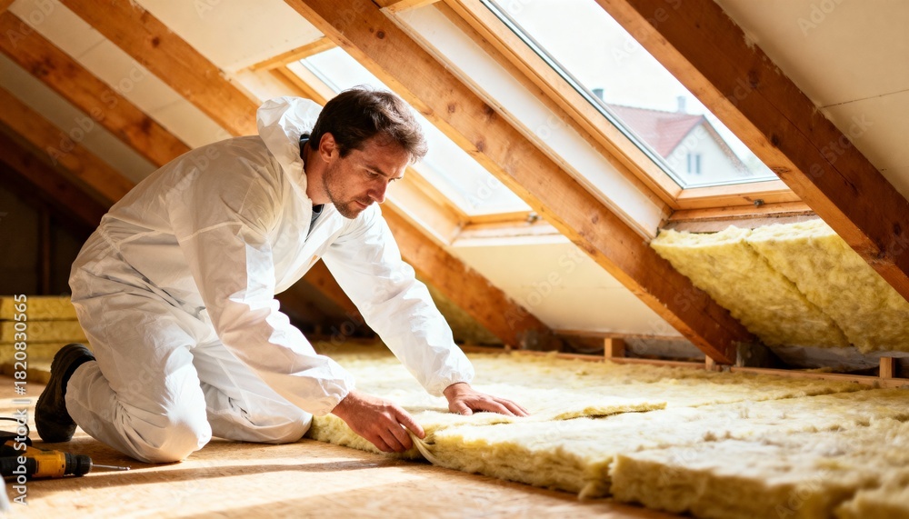 custom made wallpaper toronto digital Worker installing thermal insulation in an attic space.