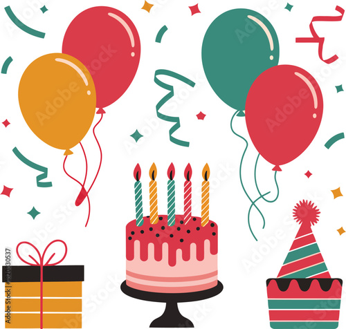 Red teal yellow balloons cake gift hat confetti celebration elements birthday party