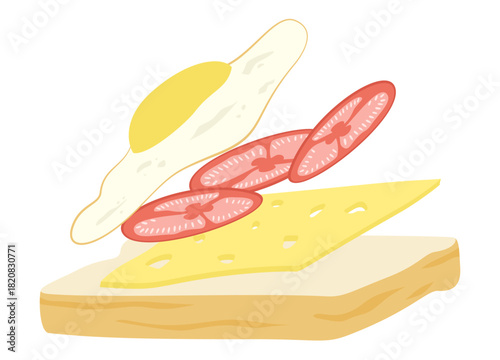 A simple breakfast illustration showing bread topped with cheese, tomato slices, and a fried egg in a minimal, clean style.