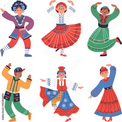 Six diverse people in colorful traditional folk costumes dancing in various poses dance