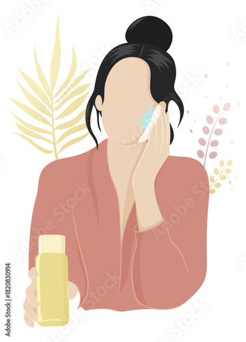 woman holding a skincare bottle and gently touching her face, complemented by soft botanical decorations, representing a calm self-care routine.