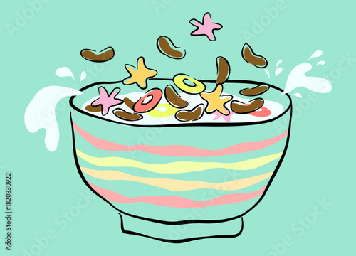 A colorful bowl of cereal with milk splashing out, decorated with stars and fun shapes in a playful, cheerful style.