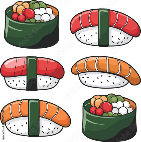 Six Japanese sushi and sashimi dishes with rice and seaweed wrappers food