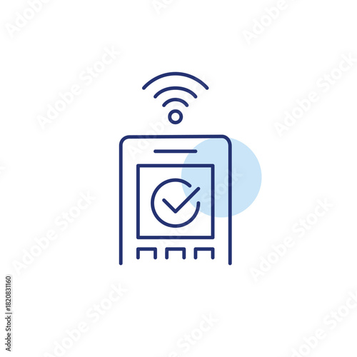 RFID terminal with approval checkmark and wi-fi. Wireless payment and contactless checkout. Pixel perfect, editable stroke vector icon