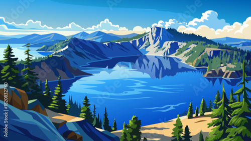 Very beautiful panoramic view over Crater Lake in Crater Lake National Park, Oregon, showcasing deep blue water, steep caldera cliffs, and clear skies creating a stunning natural vista.