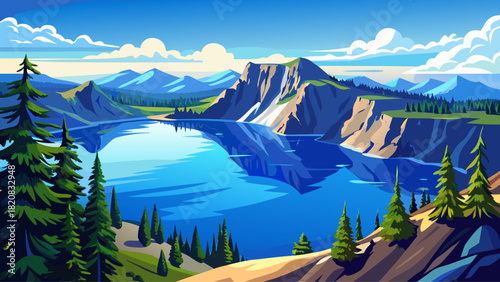 Very beautiful panoramic view over Crater Lake in Crater Lake National Park, Oregon, showcasing deep blue water, steep caldera cliffs, and clear skies creating a stunning natural vista.